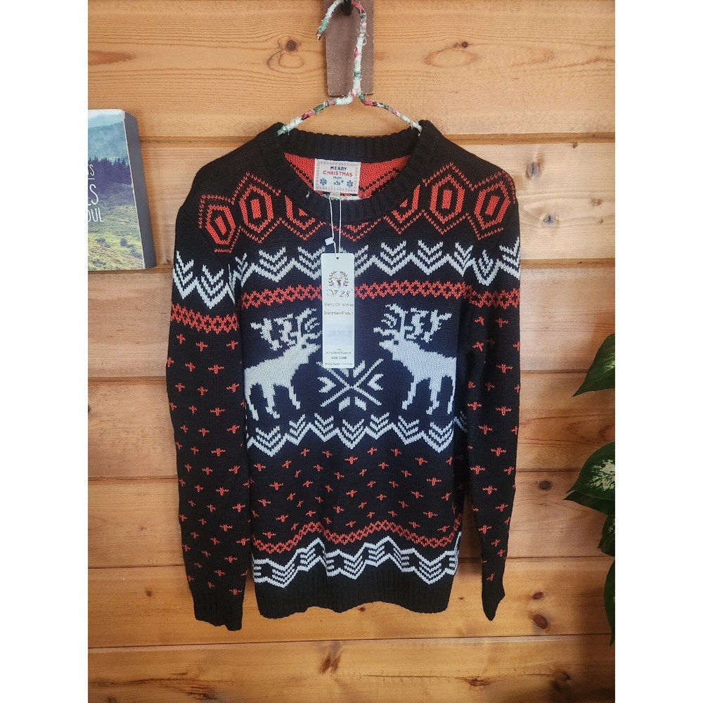 V28 Christmas Sweater Reindeer Knit CREW‎ neck Black Red White XL
